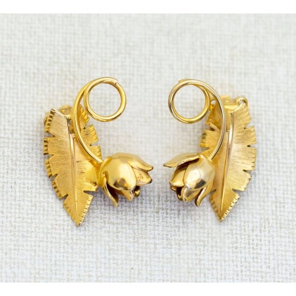 Vintage Gold Tone Rose Spiral Unique Leaf Clip On Earrings - G1 - Picture 1 of 3
